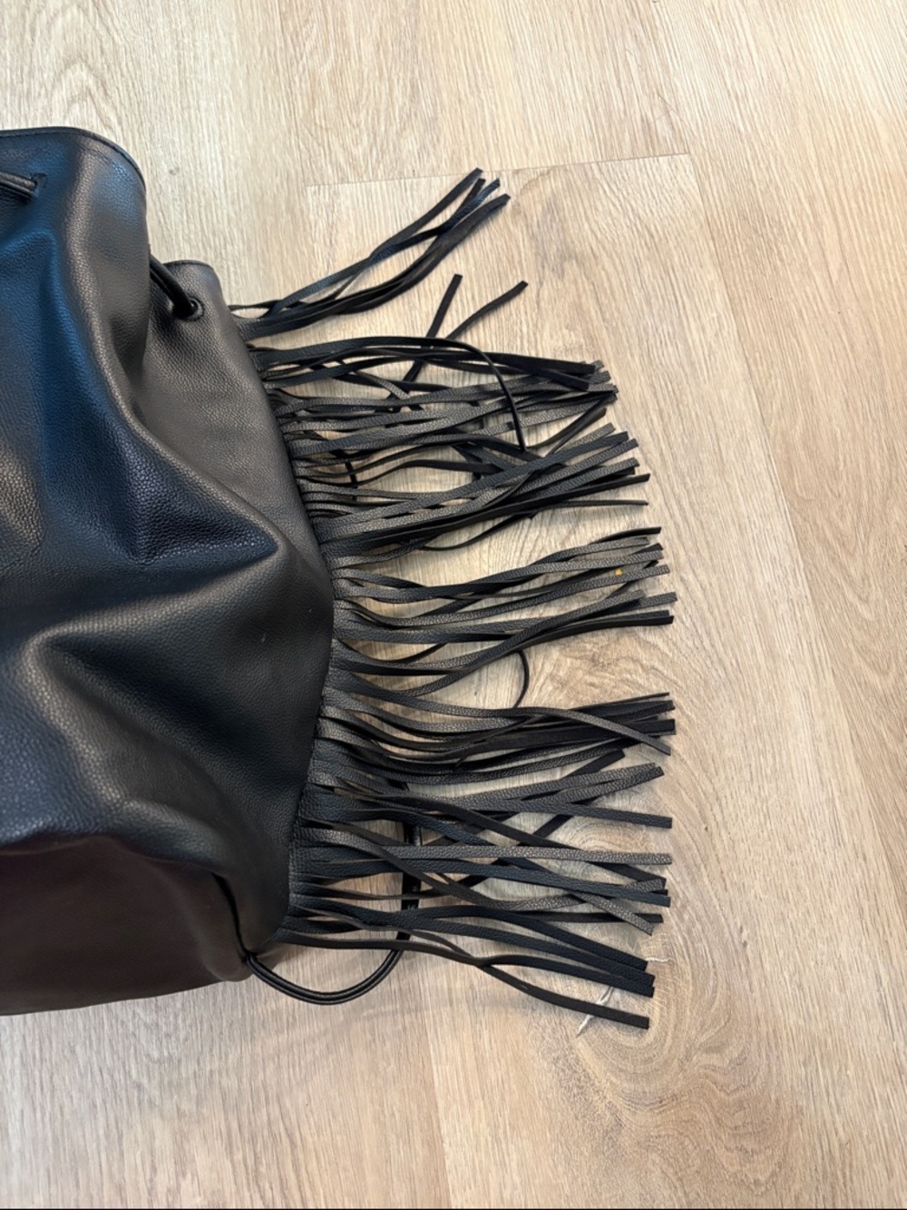 Victoria's Secret Black Fringe Drawstring Backpack lightweight logo boho - Picture 10 of 11